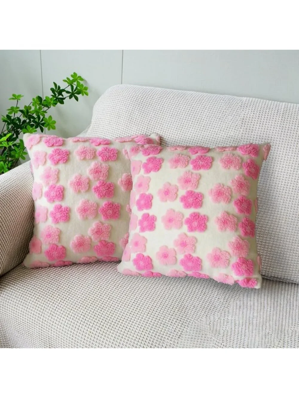 Floral Throw Pillow Covers Set of 2, 18x18 Inch Pink Jacquard Cushion Cases for